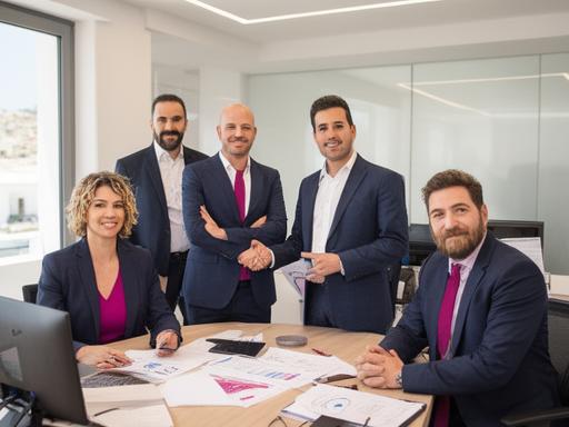 Η ομάδα της Helios Capital στο γραφείο τους στη Ζάκυνθο, συζητώντας στρατηγική χρηματοοικονομικής συμβουλευτικής με χαμόγελα και επαγγελματισμό